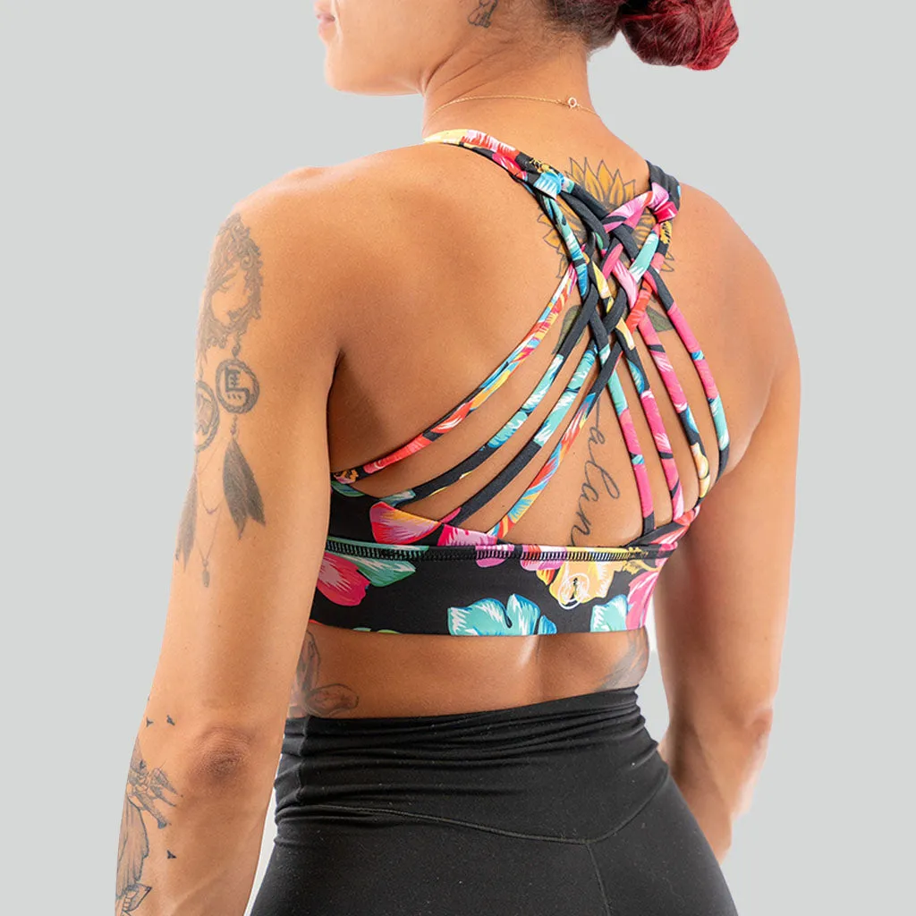 Salty Savage Ladies Cross Back Sports Bra | Wet Suit Performance | Hawaiian Flowers