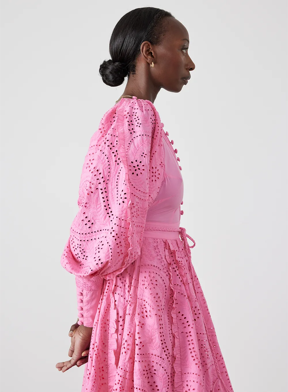 Saskia Organic Cotton Broderie Midi Dress | Dahlia Pink