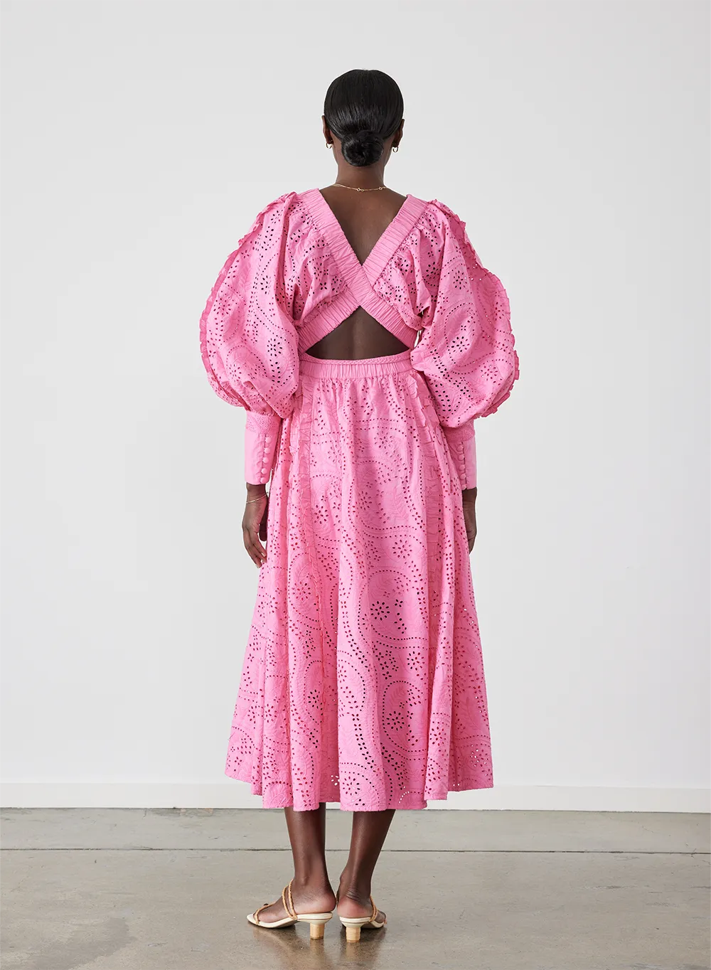 Saskia Organic Cotton Broderie Midi Dress | Dahlia Pink