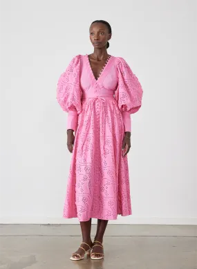 Saskia Organic Cotton Broderie Midi Dress | Dahlia Pink