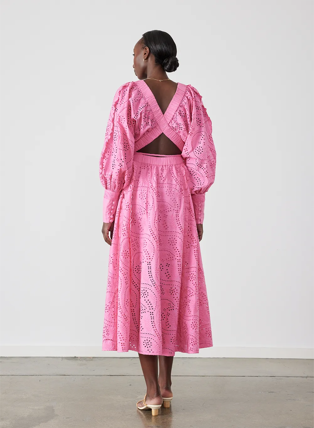 Saskia Organic Cotton Broderie Midi Dress | Dahlia Pink