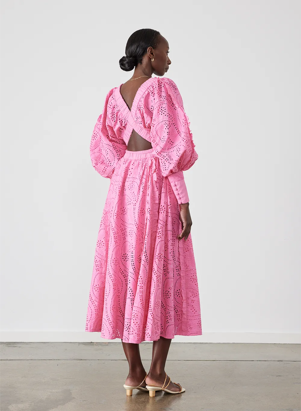 Saskia Organic Cotton Broderie Midi Dress | Dahlia Pink
