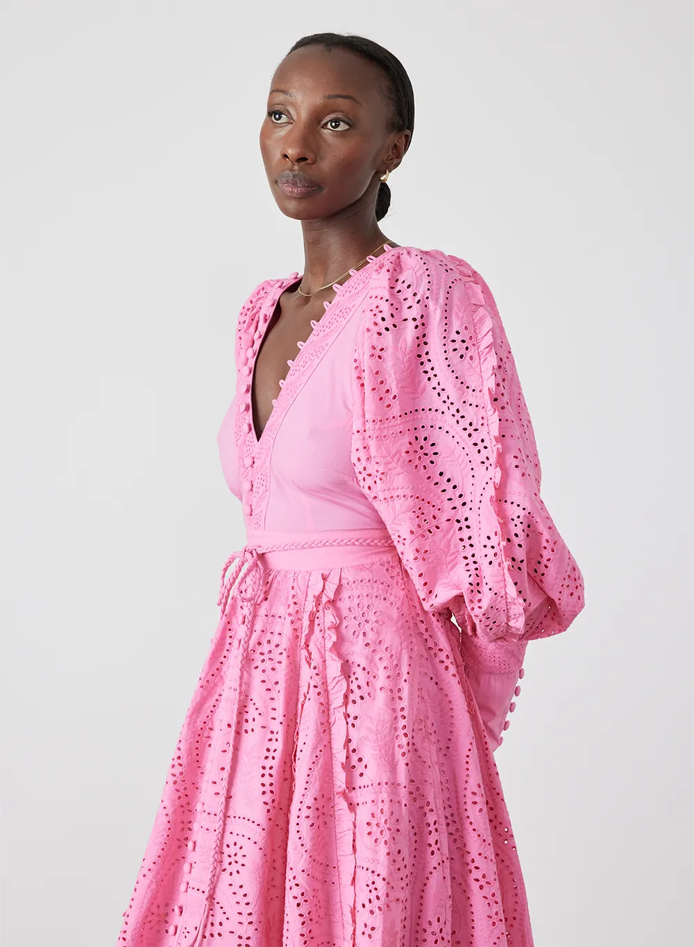 Saskia Organic Cotton Broderie Midi Dress | Dahlia Pink