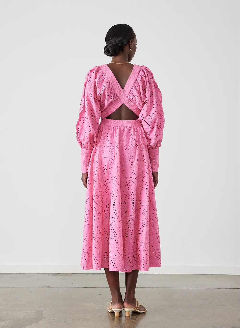 Saskia Organic Cotton Broderie Midi Dress | Dahlia Pink