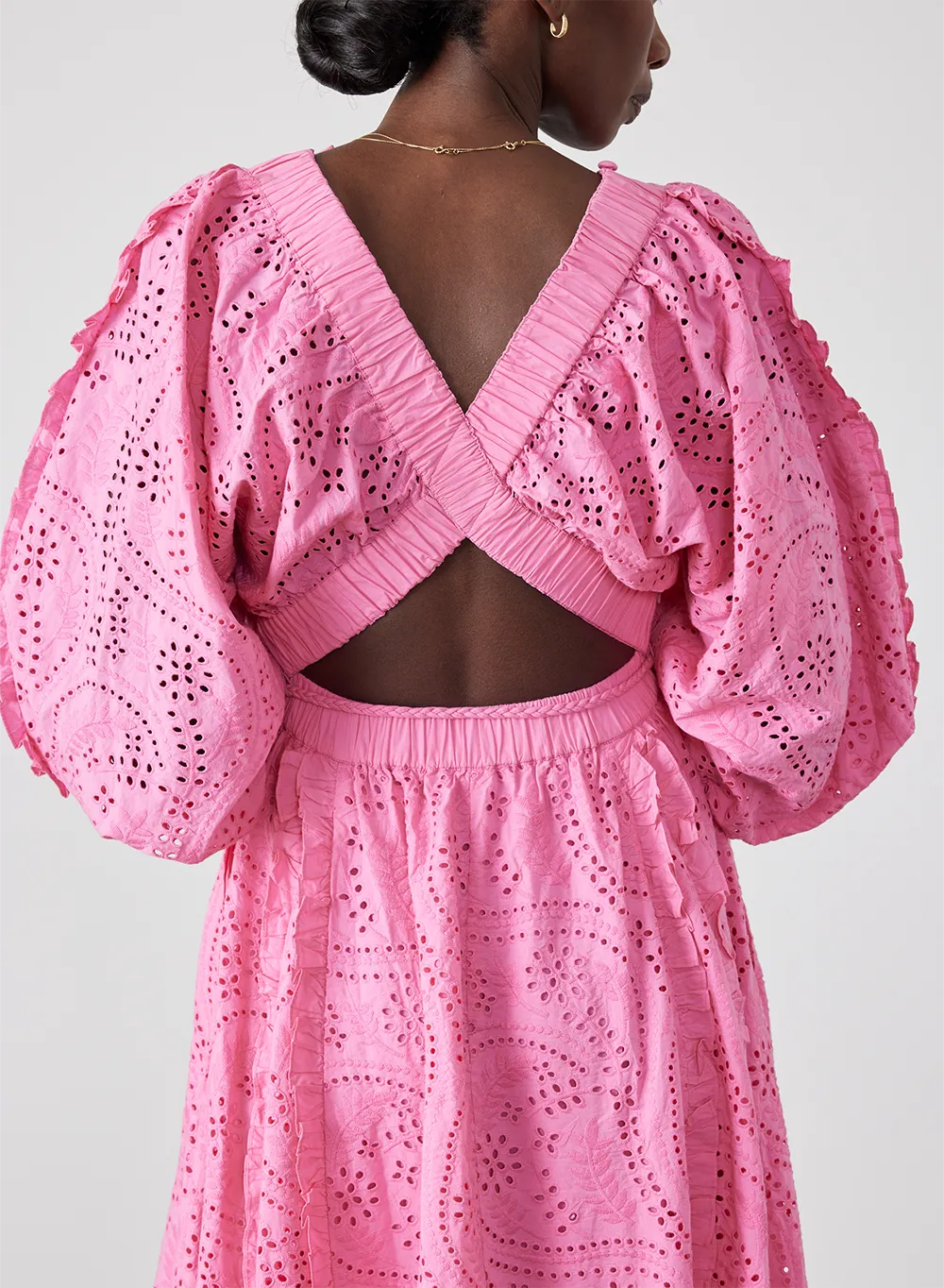 Saskia Organic Cotton Broderie Midi Dress | Dahlia Pink