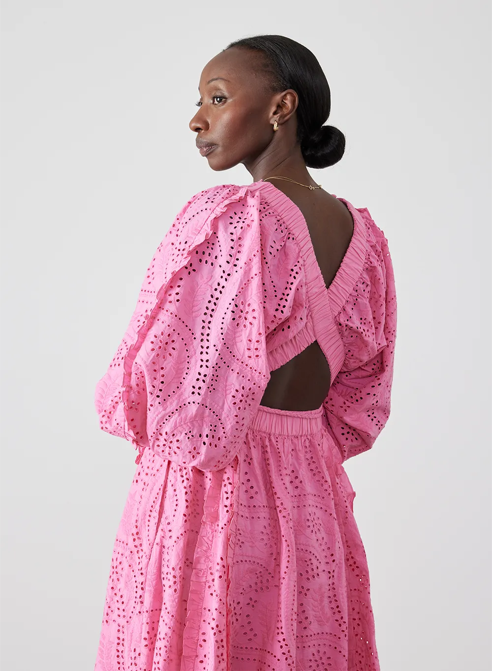 Saskia Organic Cotton Broderie Midi Dress | Dahlia Pink