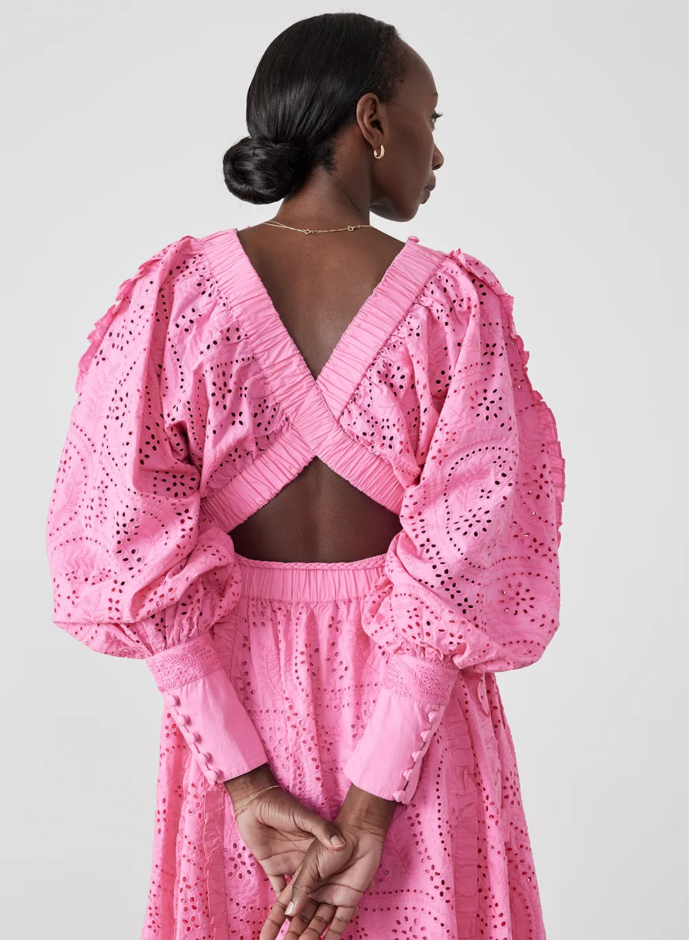 Saskia Organic Cotton Broderie Midi Dress | Dahlia Pink