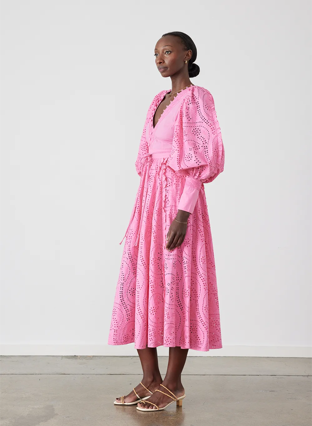 Saskia Organic Cotton Broderie Midi Dress | Dahlia Pink