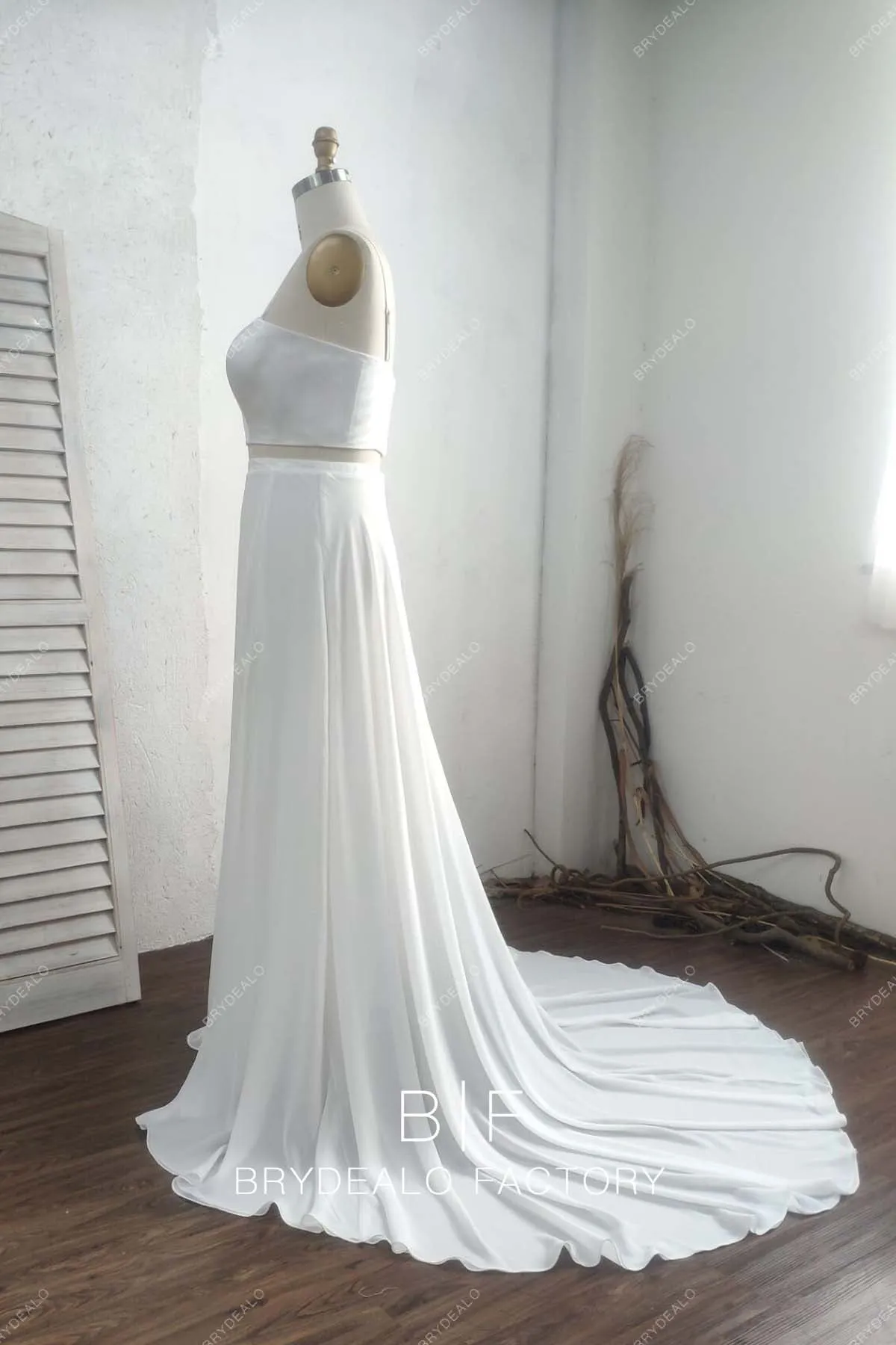 Simple Satin Chiffon Two-piece Boho Sleeveless Beach Bridal Dress