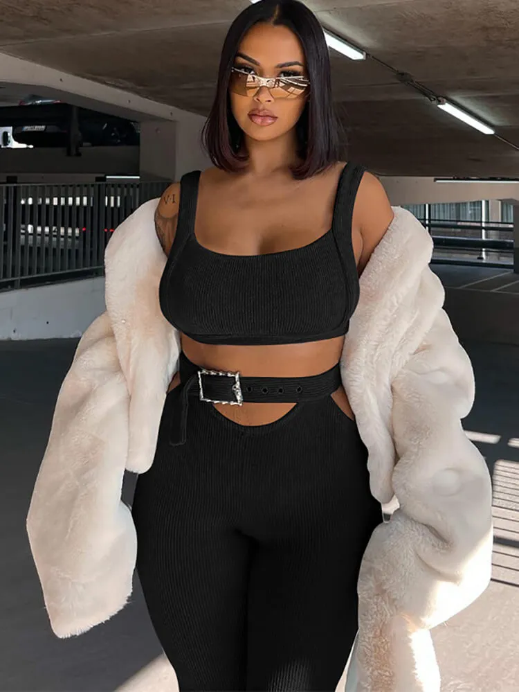Solid Sleeveless Vest and Flared Pants Set