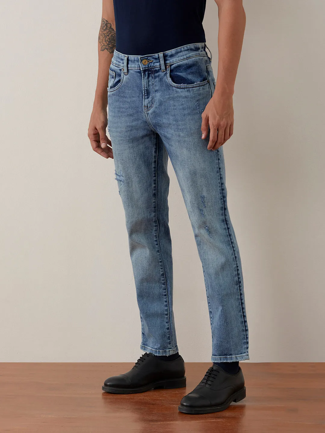Straight Fit Mid Blue Plain Jeans