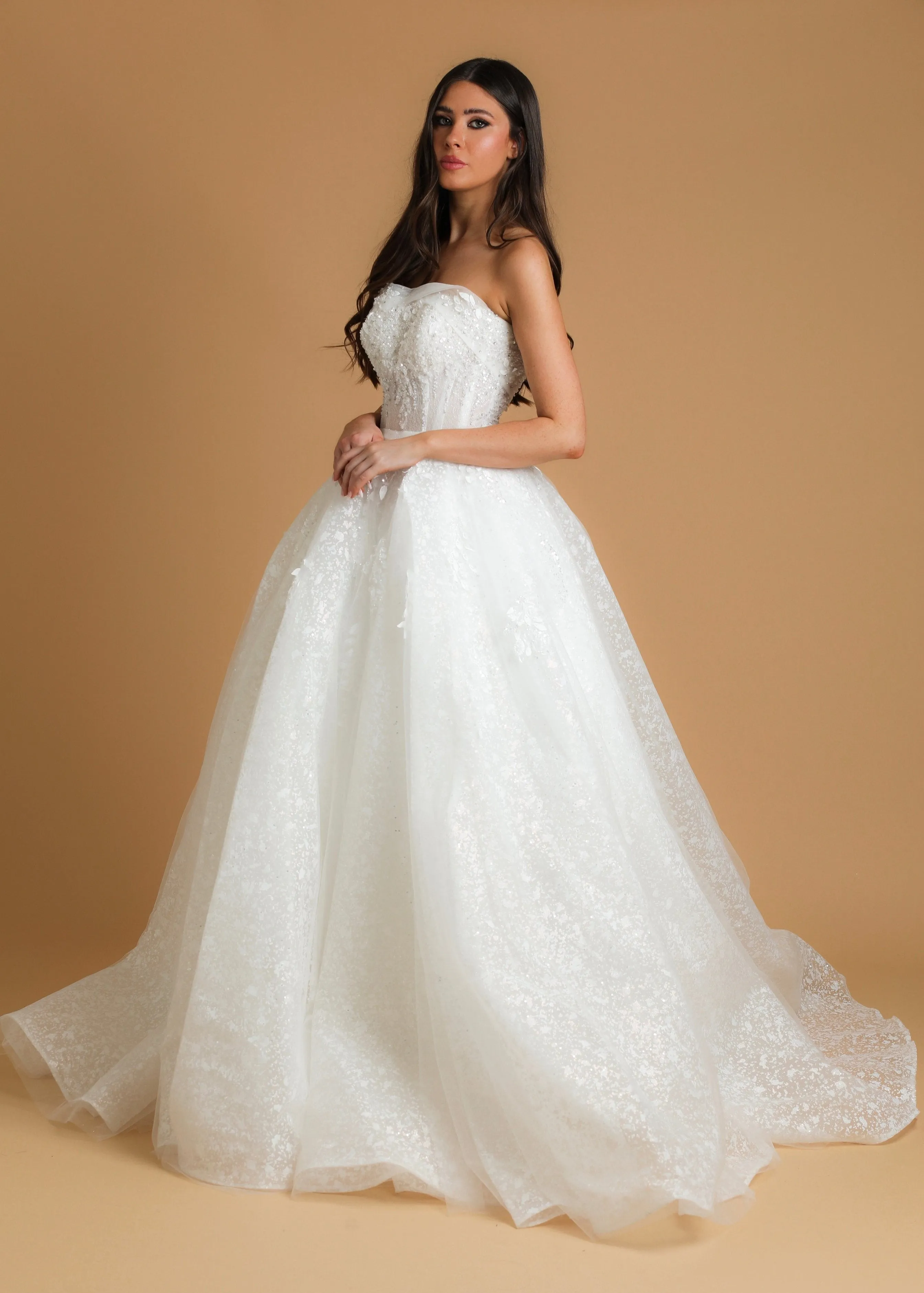 Strapless sparkling straight cut neckline crinoline skirt wedding dress for hire
