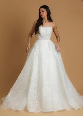 Strapless sparkling straight cut neckline crinoline skirt wedding dress for hire