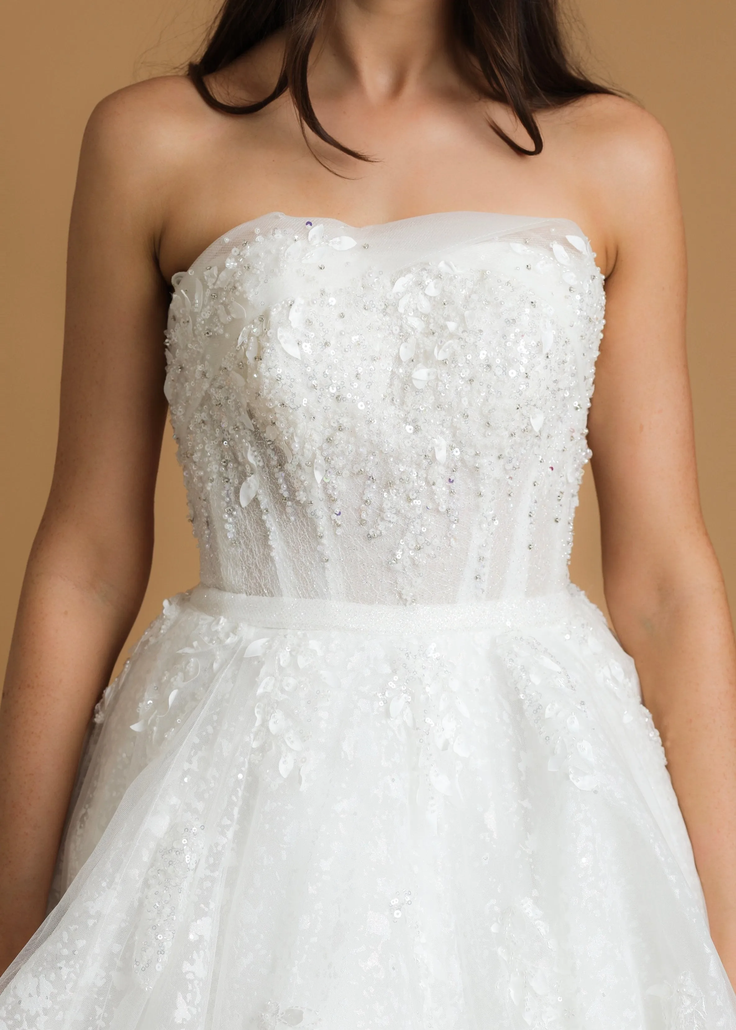 Strapless sparkling straight cut neckline crinoline skirt wedding dress for hire