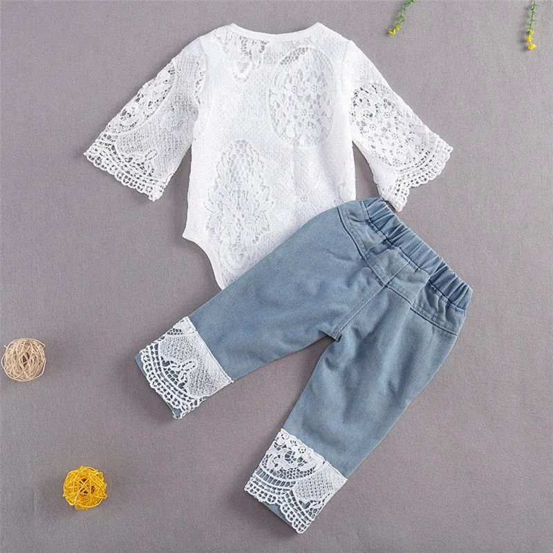 Summer Toddler Girls Lace Romper & Denim Bottoms