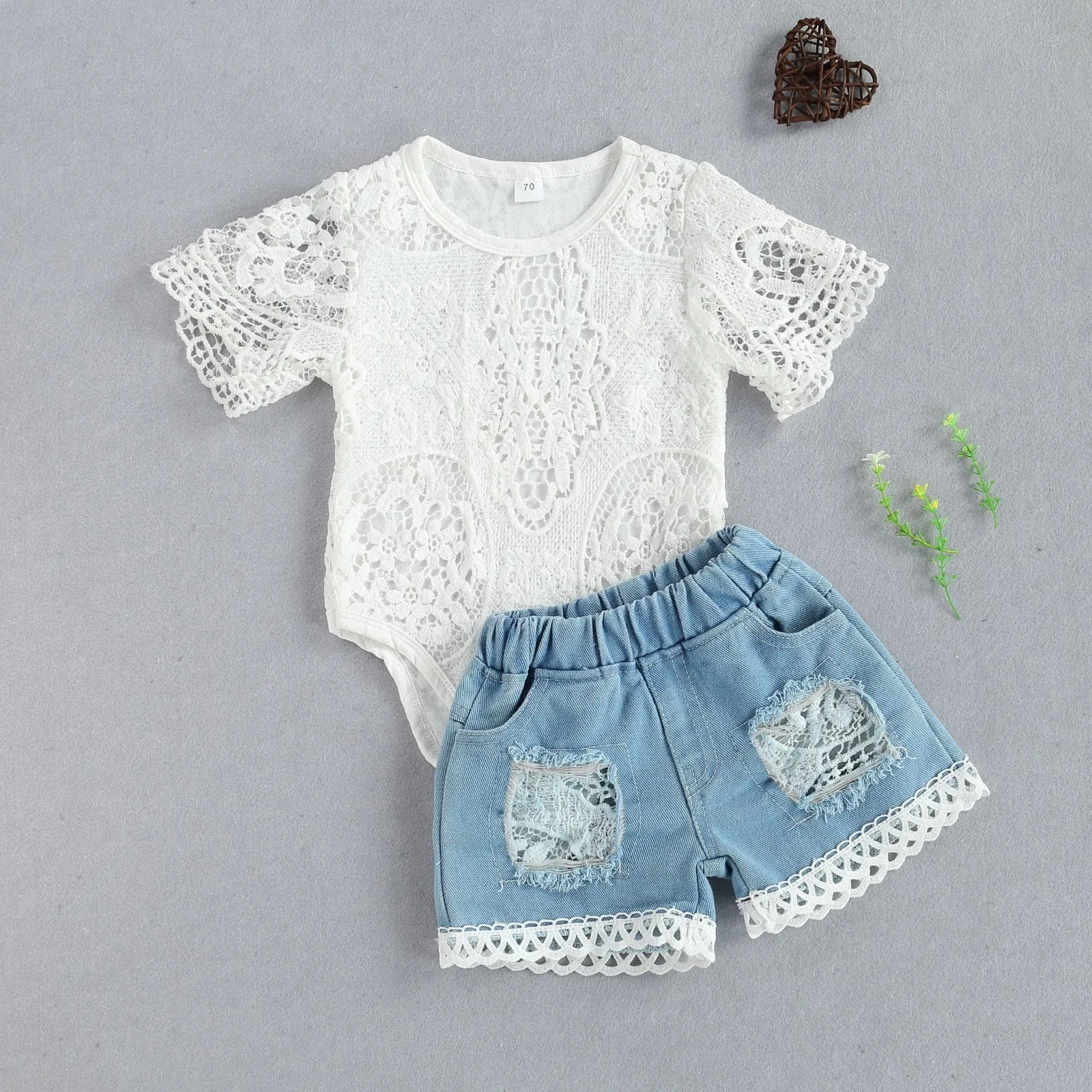 Summer Toddler Girls Lace Romper & Denim Bottoms