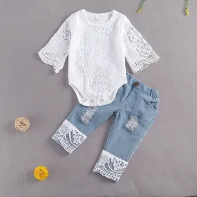 Summer Toddler Girls Lace Romper & Denim Bottoms