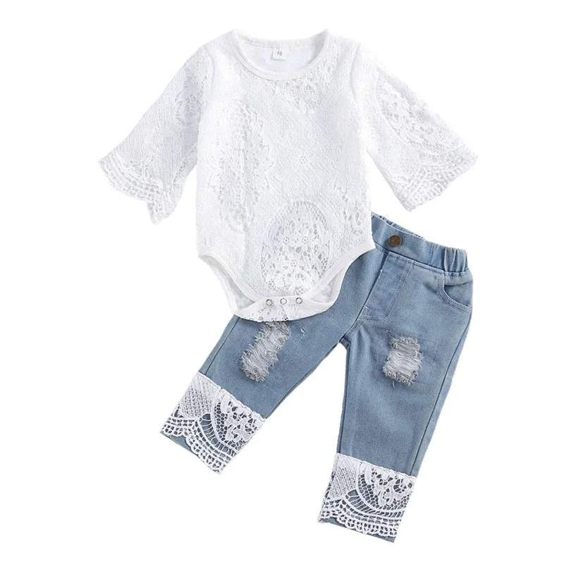 Summer Toddler Girls Lace Romper & Denim Bottoms