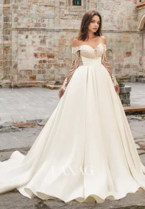 Sweetheart Lace Long-Sleeves Beaded Applique Bride Gowns Off-Shoulder Pleated Satin A-Line Wedding Dress