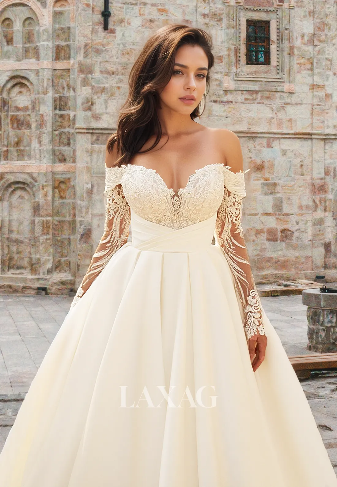 Sweetheart Lace Long-Sleeves Beaded Applique Bride Gowns Off-Shoulder Pleated Satin A-Line Wedding Dress