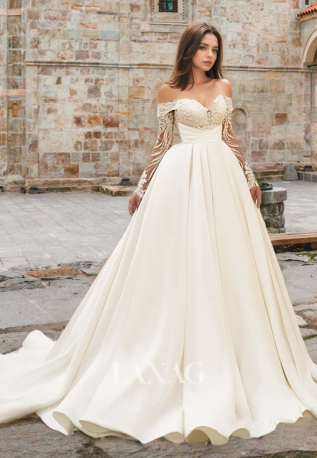 Sweetheart Lace Long-Sleeves Beaded Applique Bride Gowns Off-Shoulder Pleated Satin A-Line Wedding Dress