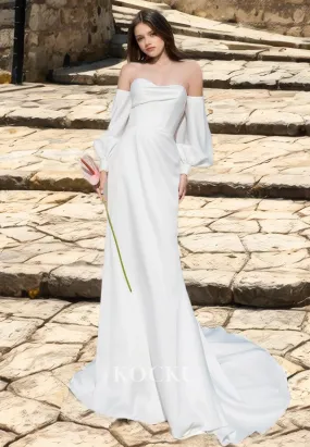 Sweetheart Sheath Long Sleeves Beaded Satin Wedding Dress Bridal Gowns with Sweep Train