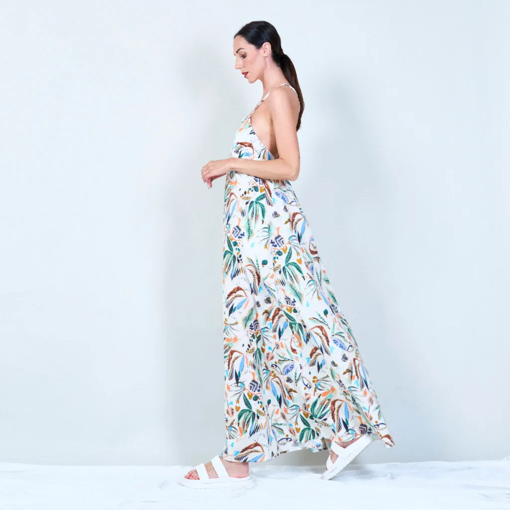 Tropical leaf print slip dress with thin straps wholesale