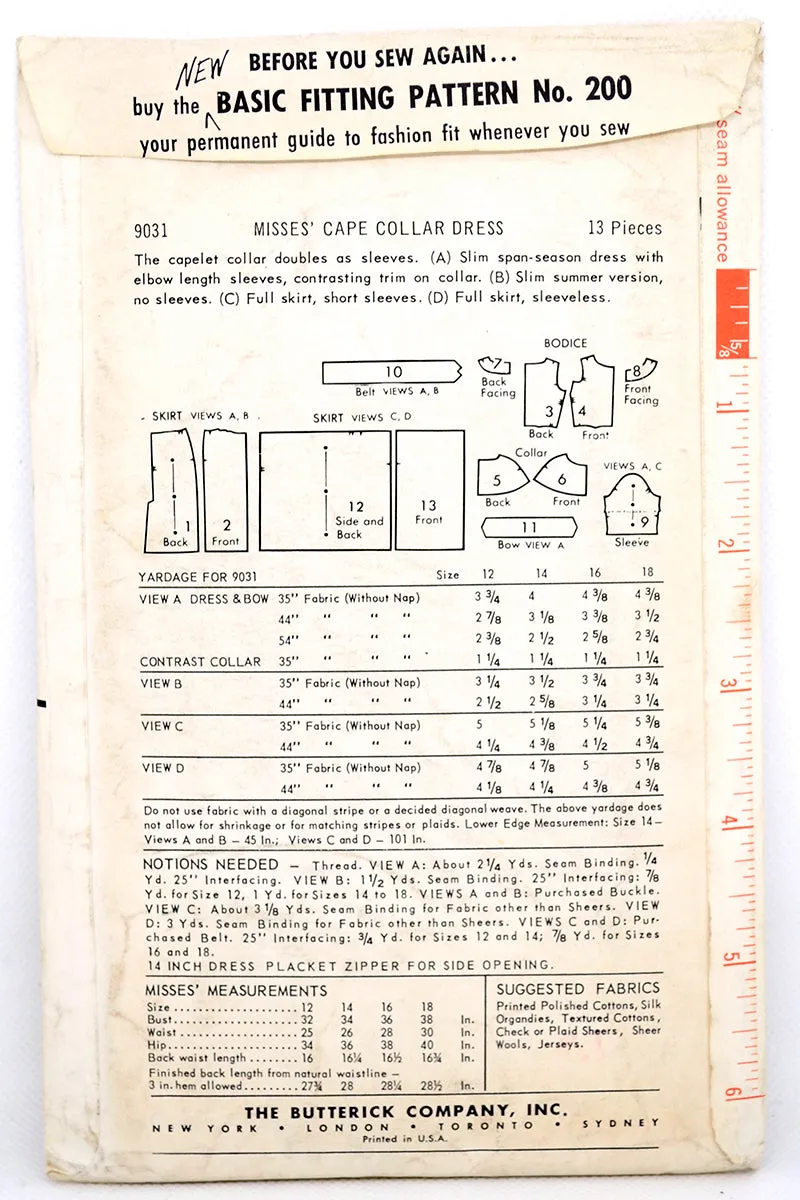 Uncut 1959 Butterick 9031 Dress W Portrait Collar Sewing Pattern