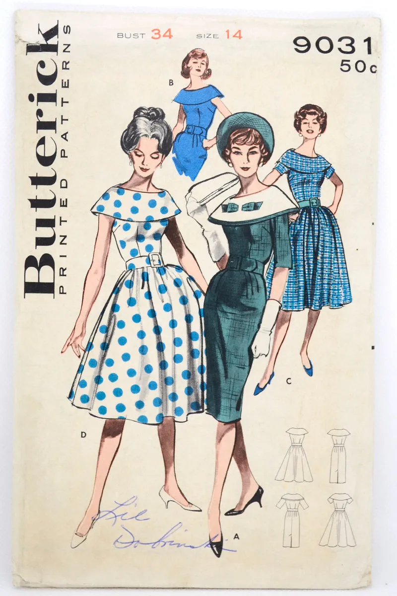 Uncut 1959 Butterick 9031 Dress W Portrait Collar Sewing Pattern