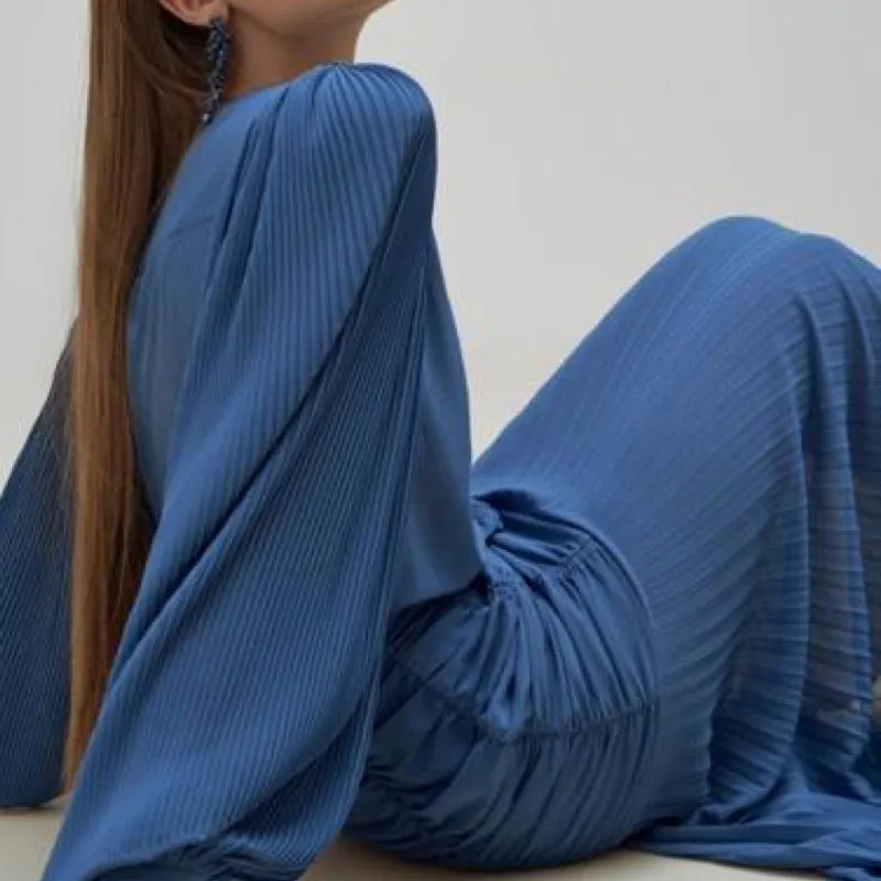 V-neck Dress With Pleated Sleeves, Decor & Asymmetric Pleated Skirt With False Belt