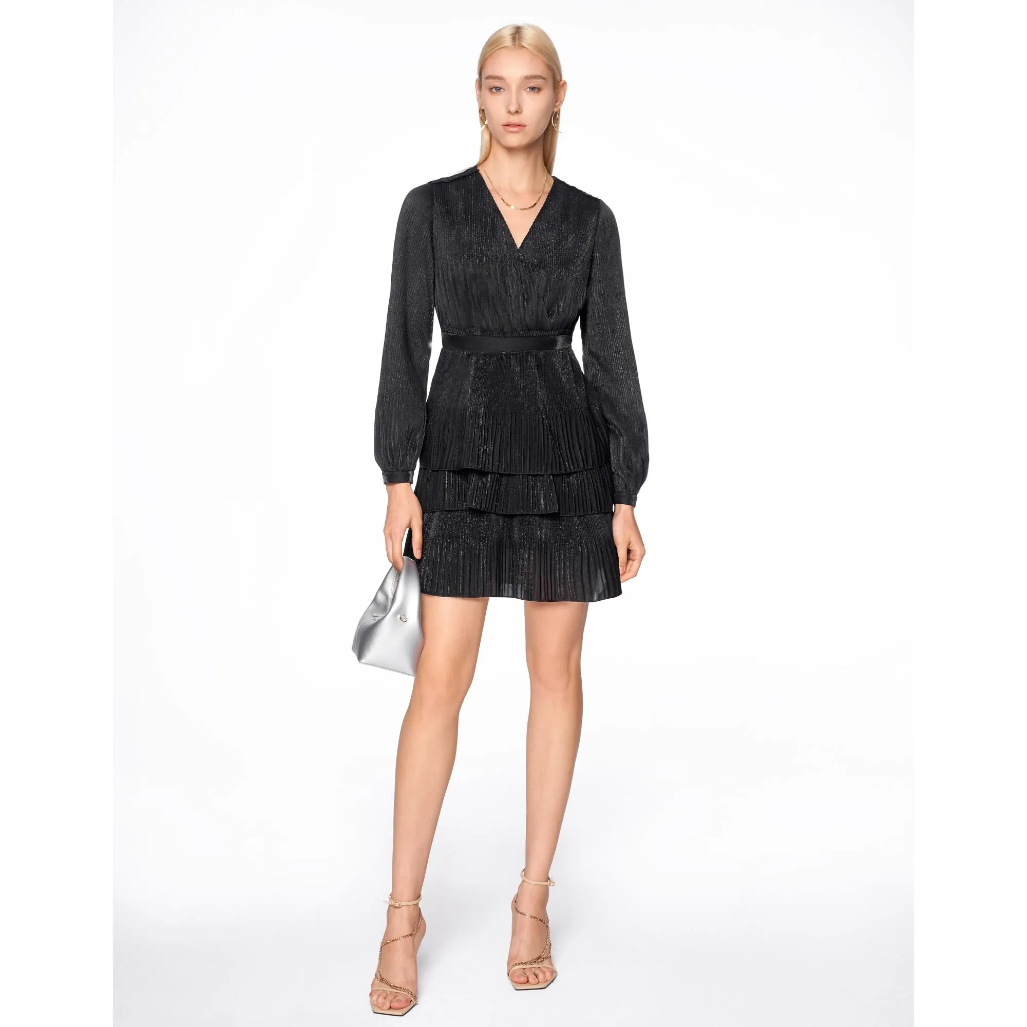 V Neck Tiered Hem Dress - Black