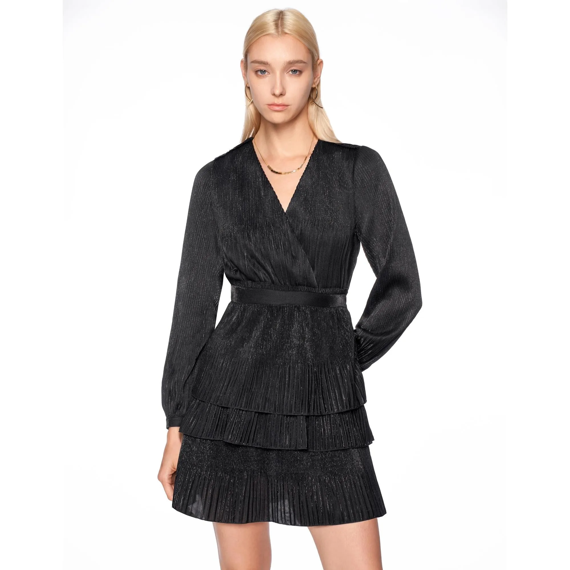 V Neck Tiered Hem Dress - Black