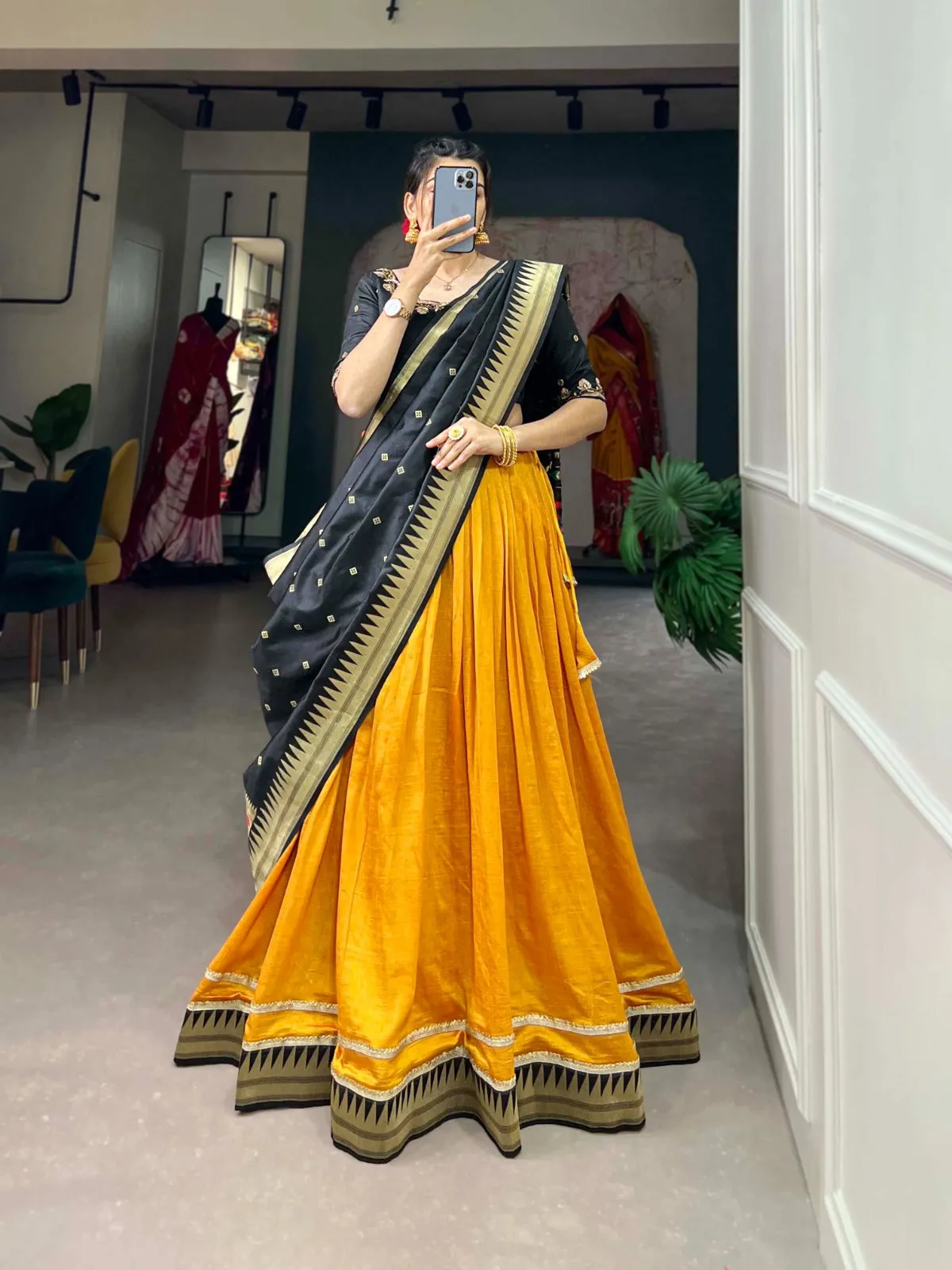 Vichitra Silk Mustard Lehenga Choli Set with Paithani Lace