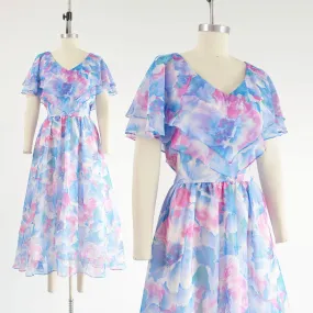 Vintage 70s Watercolor Floral Sheer Chiffon Cape Sleeve Full Party Dress size M