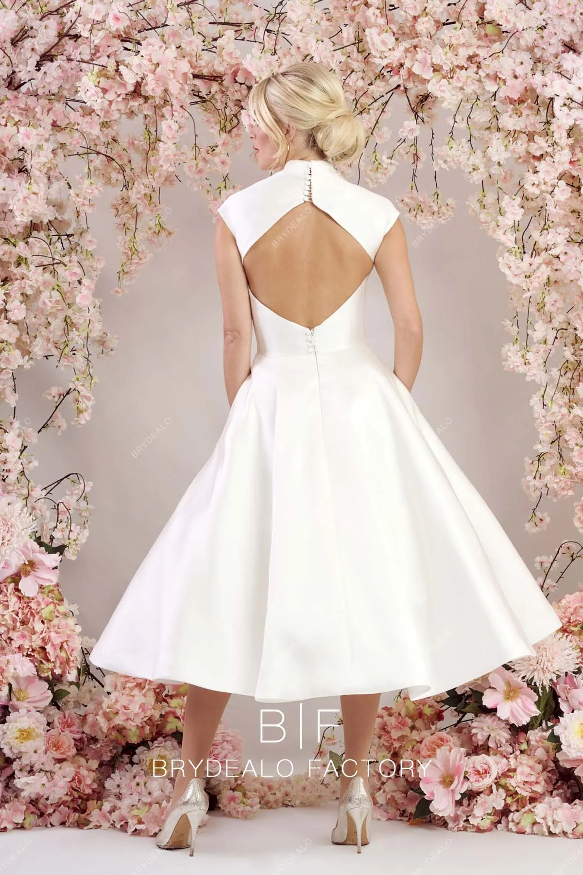 Vintage Keyhole Neck Satin Classic Puffy Tea Length Wedding Gown