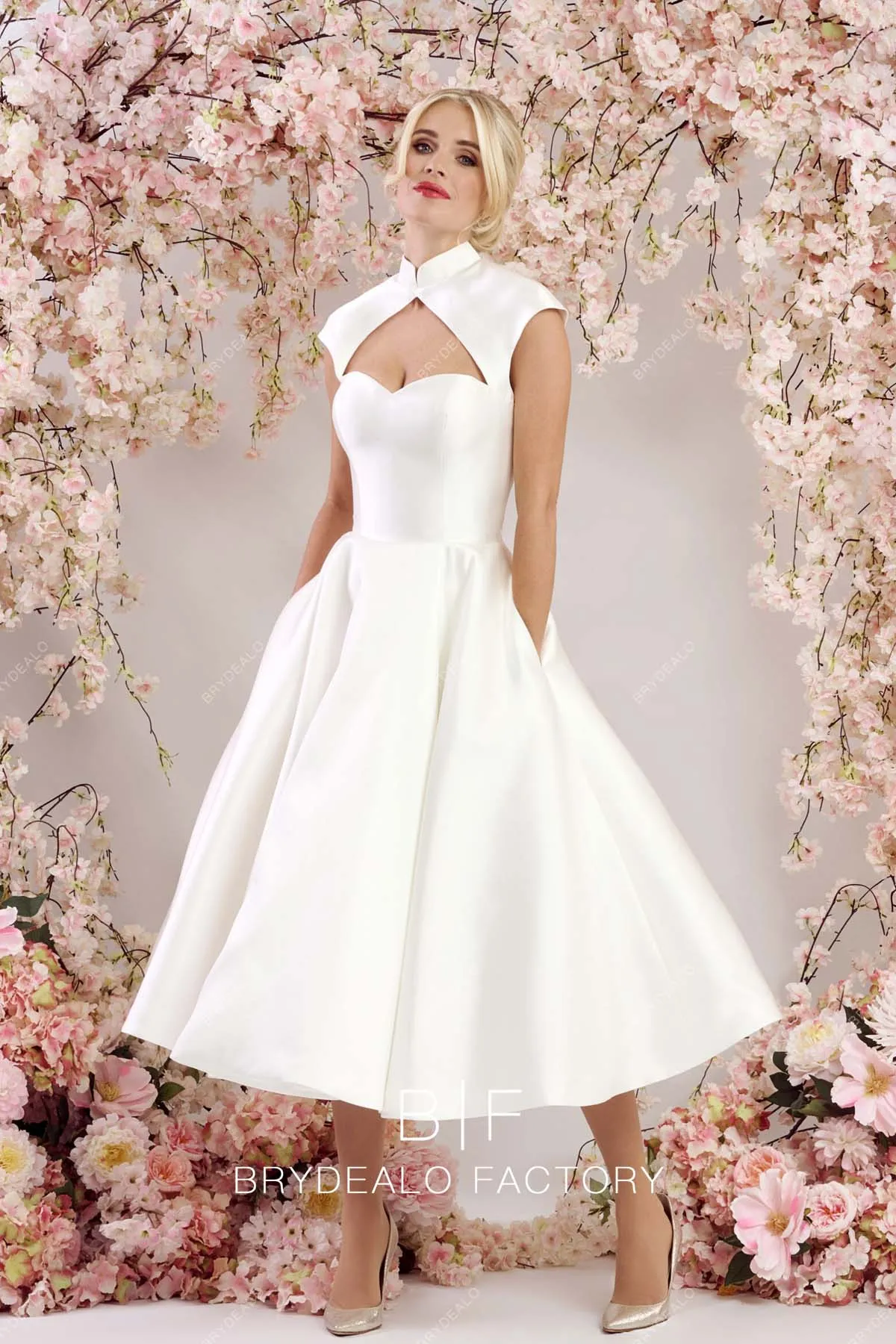 Vintage Keyhole Neck Satin Classic Puffy Tea Length Wedding Gown