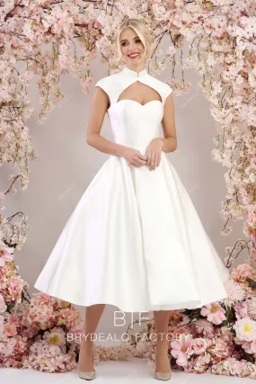Vintage Keyhole Neck Satin Classic Puffy Tea Length Wedding Gown