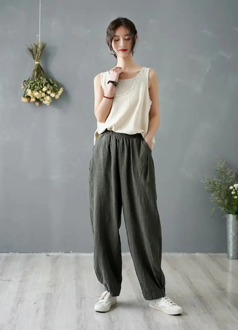 Vintage Summer Ginger Linen Tapered Women's Pants for Casual Wear