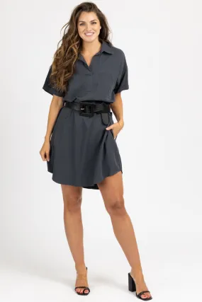 WASHED BLACK COLLARED SHIRT DRESS
