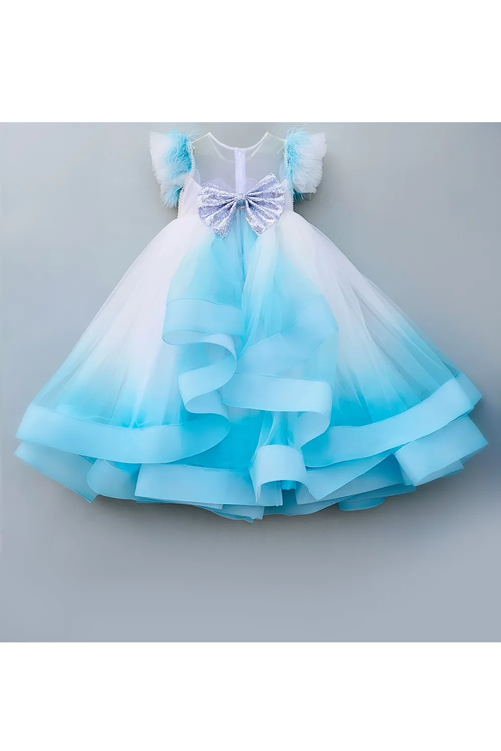 White-blue shaded pearl embroidered high low flared gown