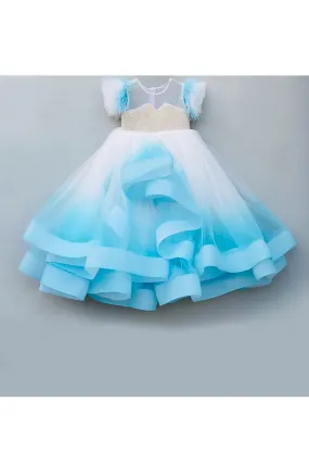 White-blue shaded pearl embroidered high low flared gown
