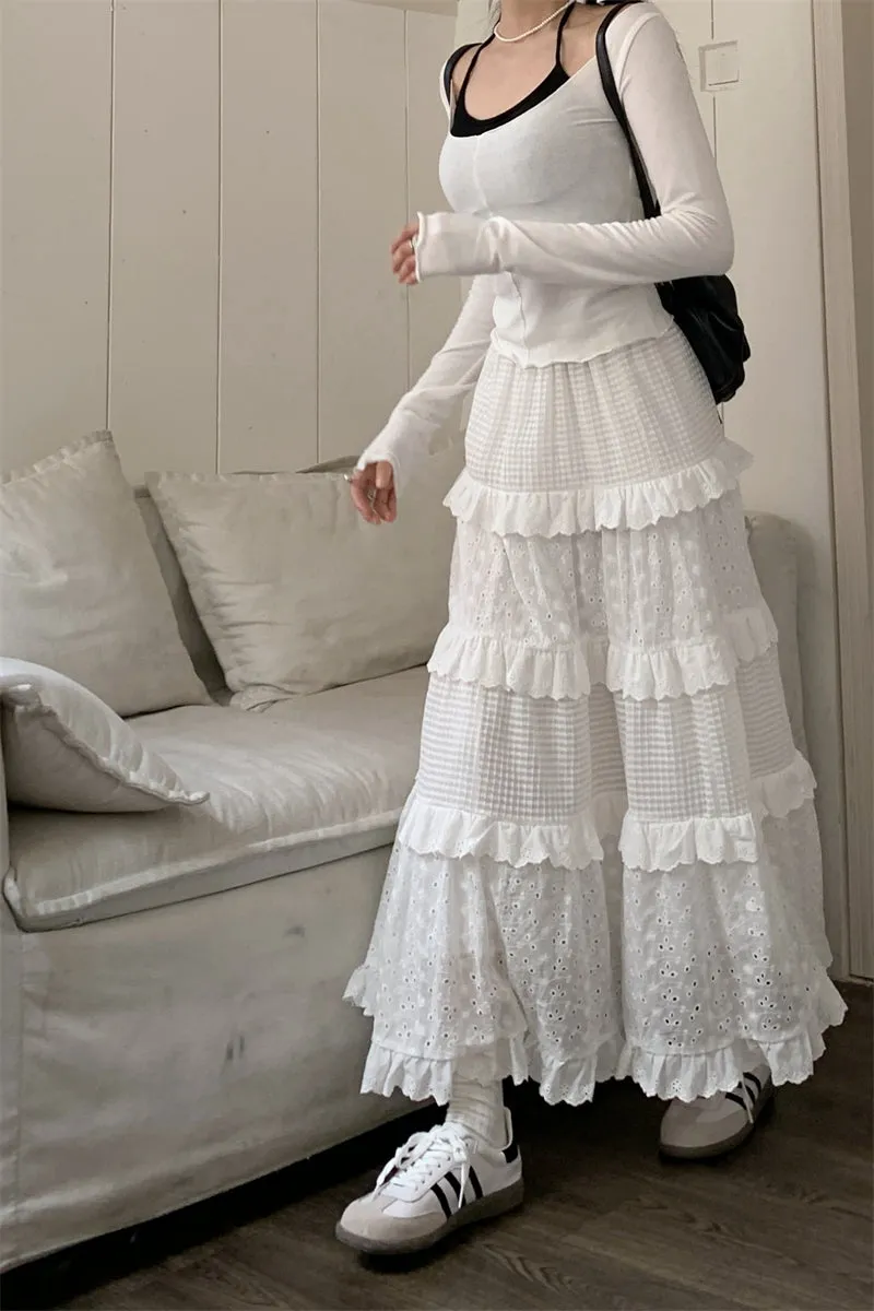 White Retro Style Vintage Crochet Layered Cake Skirt