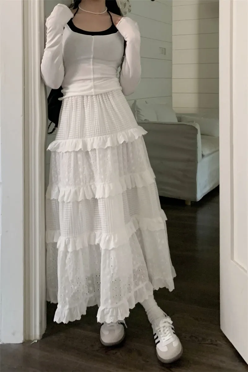 White Retro Style Vintage Crochet Layered Cake Skirt