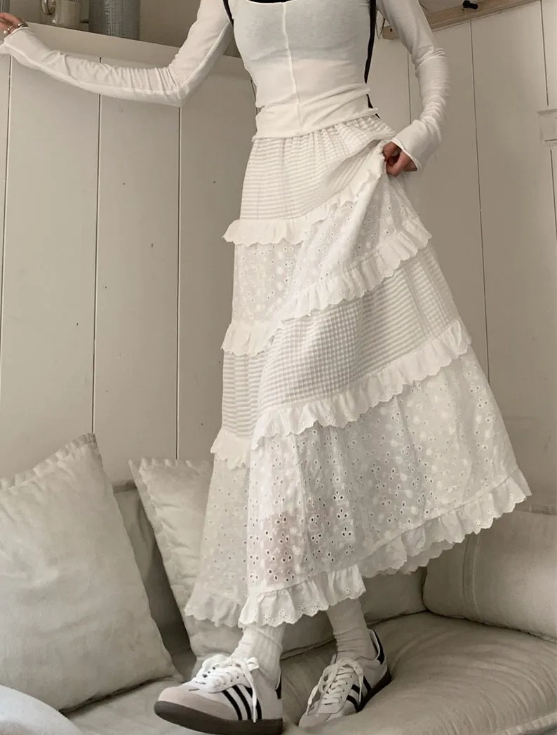 White Retro Style Vintage Crochet Layered Cake Skirt
