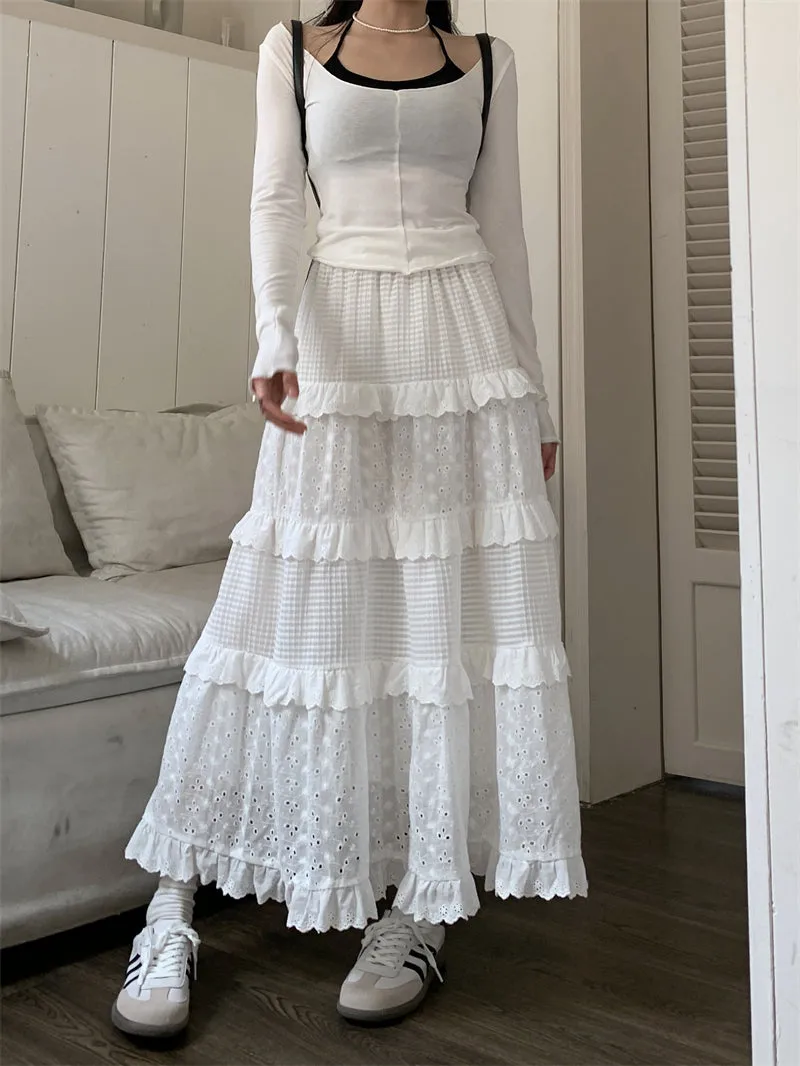 White Retro Style Vintage Crochet Layered Cake Skirt