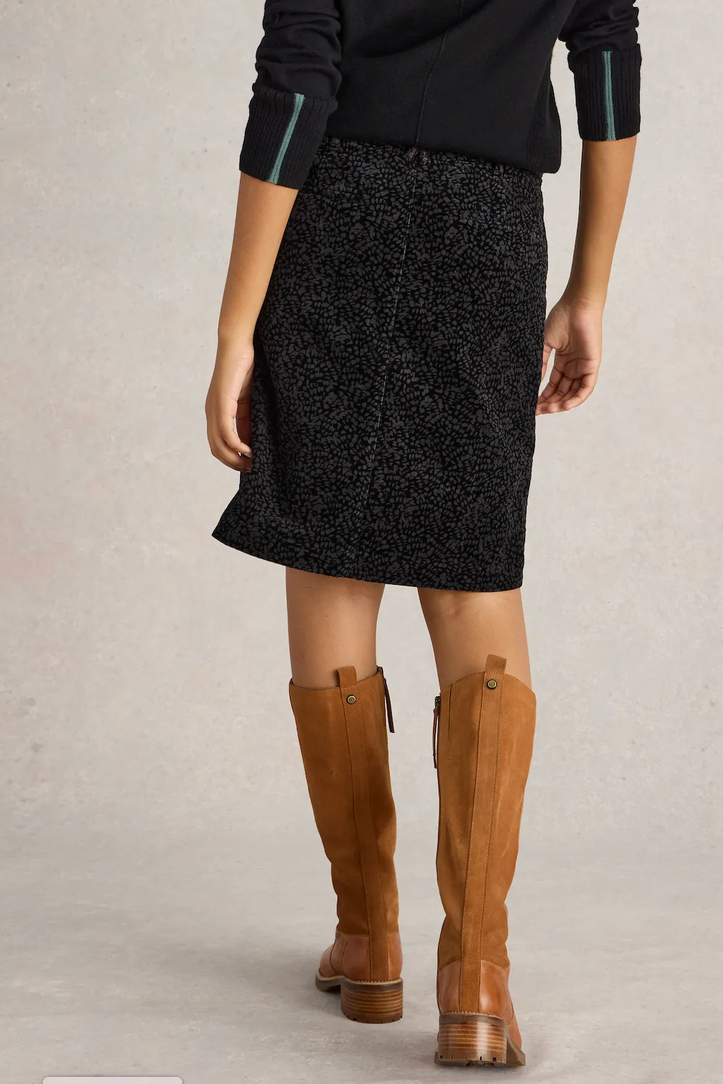 White Stuff Melody Black Print Organic Cord Skirt