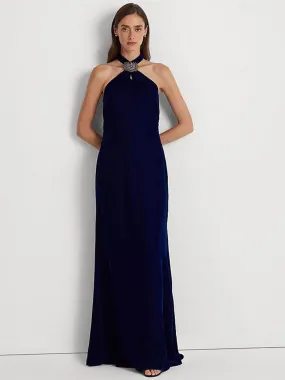 Women's Plain Solid Velvet Long Dress,Navy