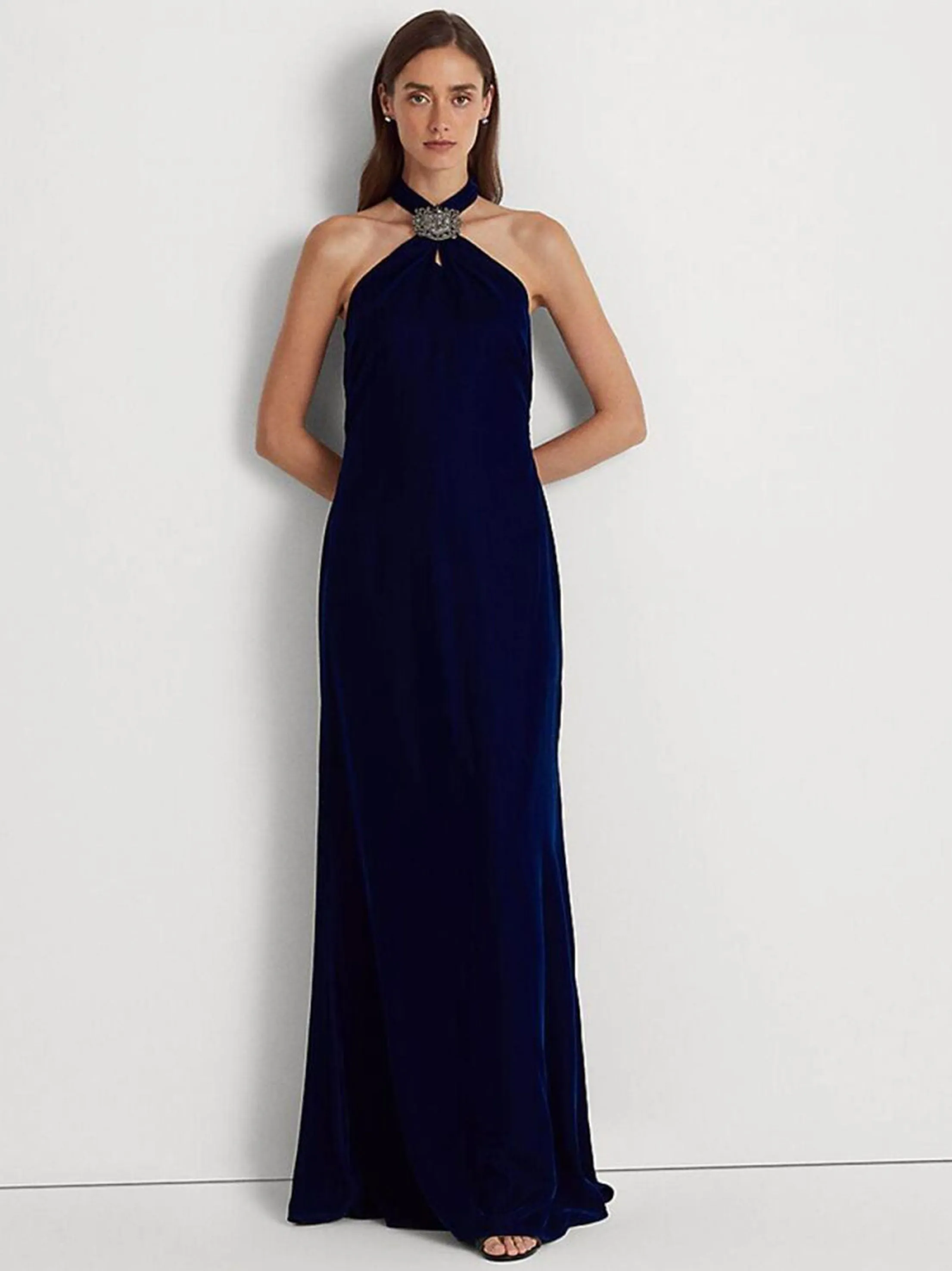 Women's Plain Solid Velvet Long Dress,Navy