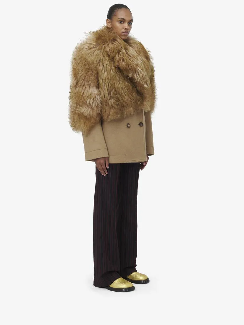 Women's Shearling Stole Wool Peacoat in Camel