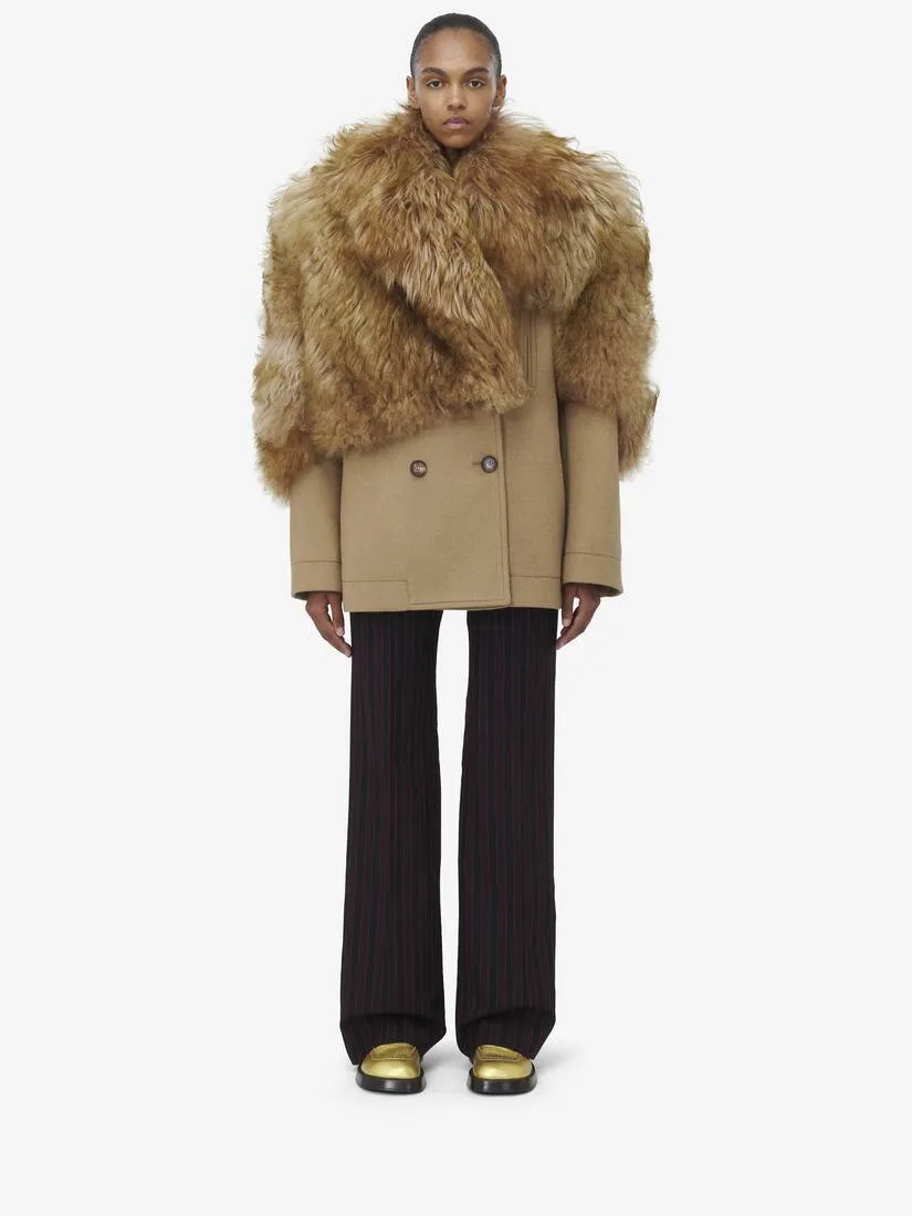 Women's Shearling Stole Wool Peacoat in Camel